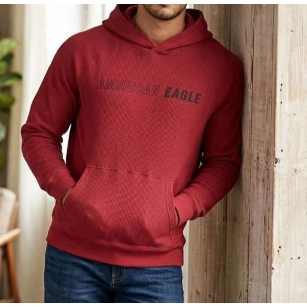 American Eagle Active Sweatshirt Men Large Red Thermal Hoodie Logo Pullover Warm